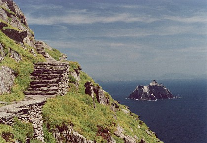 Steps leading to the monastic settlement, Little Skellig in the background
